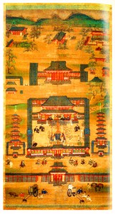 鎌倉時代の「東大寺縁起」に描かれた東大寺の東塔(右下)=東大寺所蔵、奈良国立博物館提供