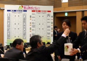 第６８回全日本バレーボール高等学校選手権大会の組み合わせ抽選会が行われた　抽選が進み、対戦カードが埋まっていくトーナメント表