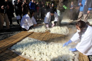 麹と合わせる前に蒸した酒米を冷ます作業を行う参加者ら