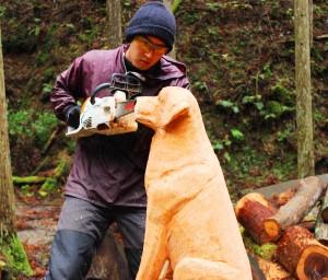 慎重な手つきでスギの木からイヌを掘る梶谷哲也さん