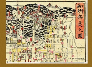 江戸時代当時の様子がよく分かる古地図。よく見るとシカの絵も