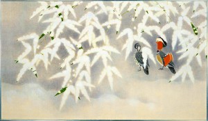 上村松篁の「春雪」（松伯美術館蔵）