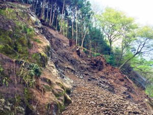 崩れ落ちた土砂などでふさがれた国道１６８号＝五條市（県提供）