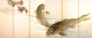 渡辺南岳の「鯉図」（右隻、黒川古文化研究所蔵、大和文華館提供）