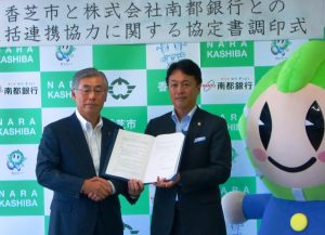 協定書に調印した吉田市長（右）と橋本頭取