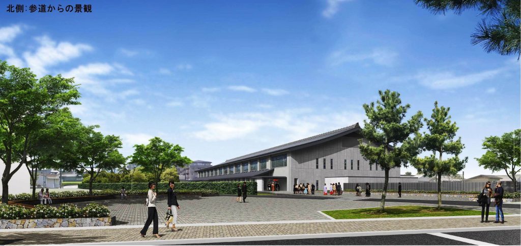 北側参道から見た直会殿の完成イメージ図。建物の右（西）側にＪＲ三輪駅が位置する