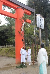 一之鳥居に立てられた大榊。「正遷宮」を告げる＝奈良市の春日大社